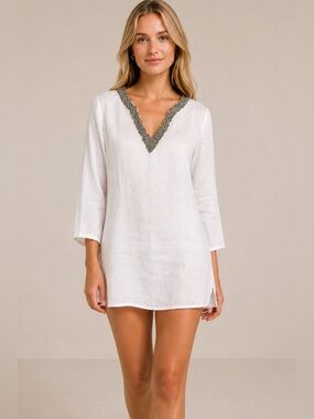 Cynthia Rowley Linen Embellished V‑Neck Tunic Top